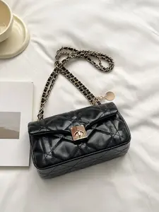 Classic Versatile Quilted Design Small Square Bag, Turn Lock Design, Shoulder Crossbody, Casual Shoulder Bag, Casual Crossbody Bags, Perfect for Daily Outing, Dates, Dinners
