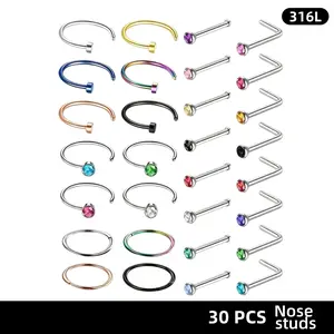 30PCS 20G Nose Rings Hoops And Studs For Women Men - Hypoallergenic 316L Surgical Stainless Steel L Shape Nose Screw Bone Silver Rose Gold Black Rainbow Pack