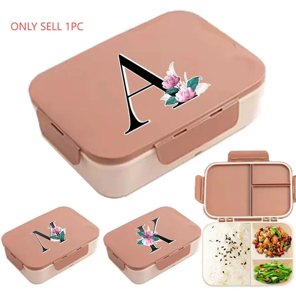 Letter & Flower Pattern Durable Lunch Box with Cutlery, 1 Count Large Capacity Portable Bento Box, Personal Lunch Box, Meal Prep Lunch Box, Food Storage Container for School Work Outdoor Camping, Lunchboxes