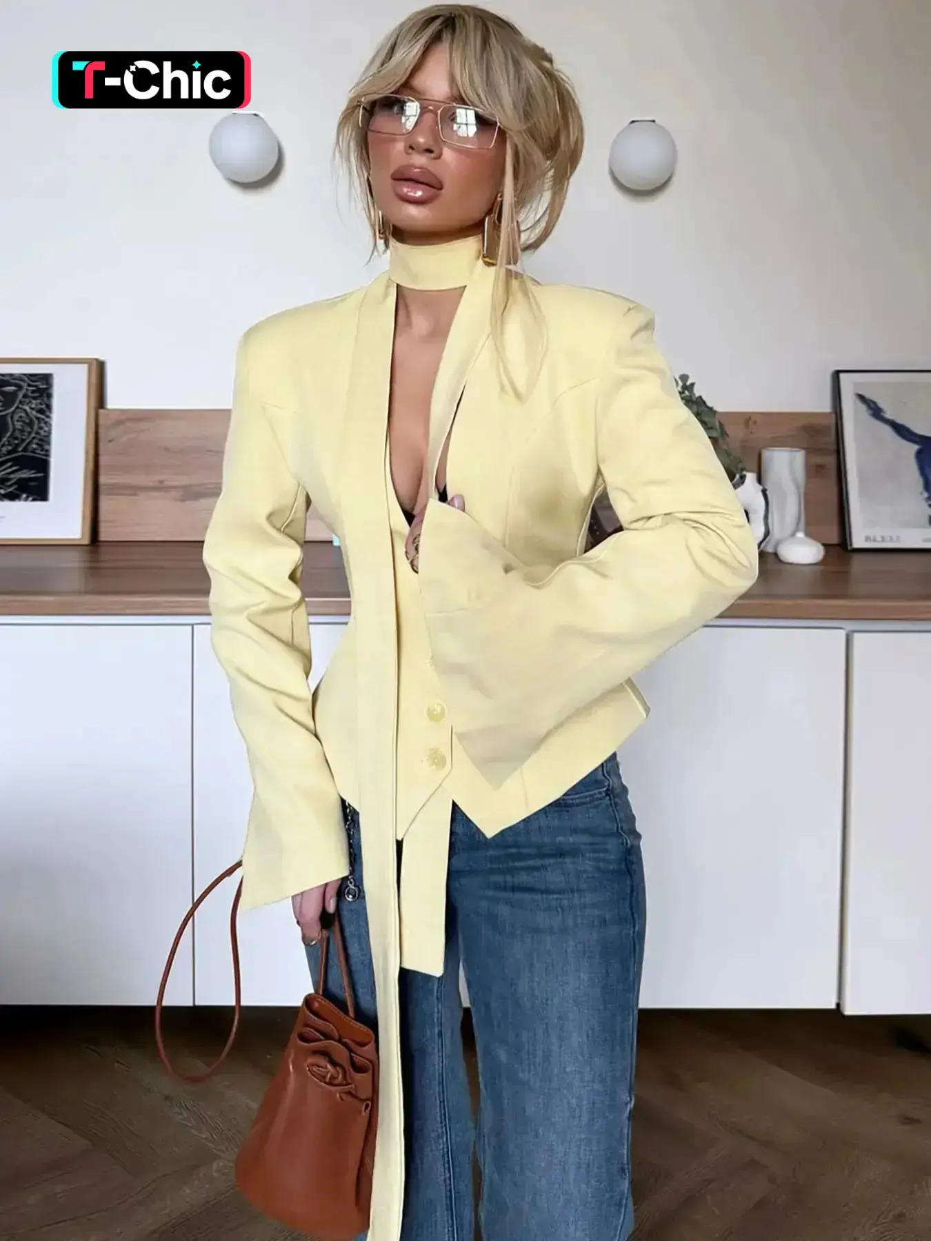 Women's Chic Solid V Neck Button Front Split Long Sleeve Blazer Suit Top & Halter Scarf Ribbon Two-piece Set, Formal Wear, Slim Fit, Irregular Hem Single-button Jacket Coat, Ladies Spring Fall Winter Party Club Date Holiday Daily Casual Outerwear
