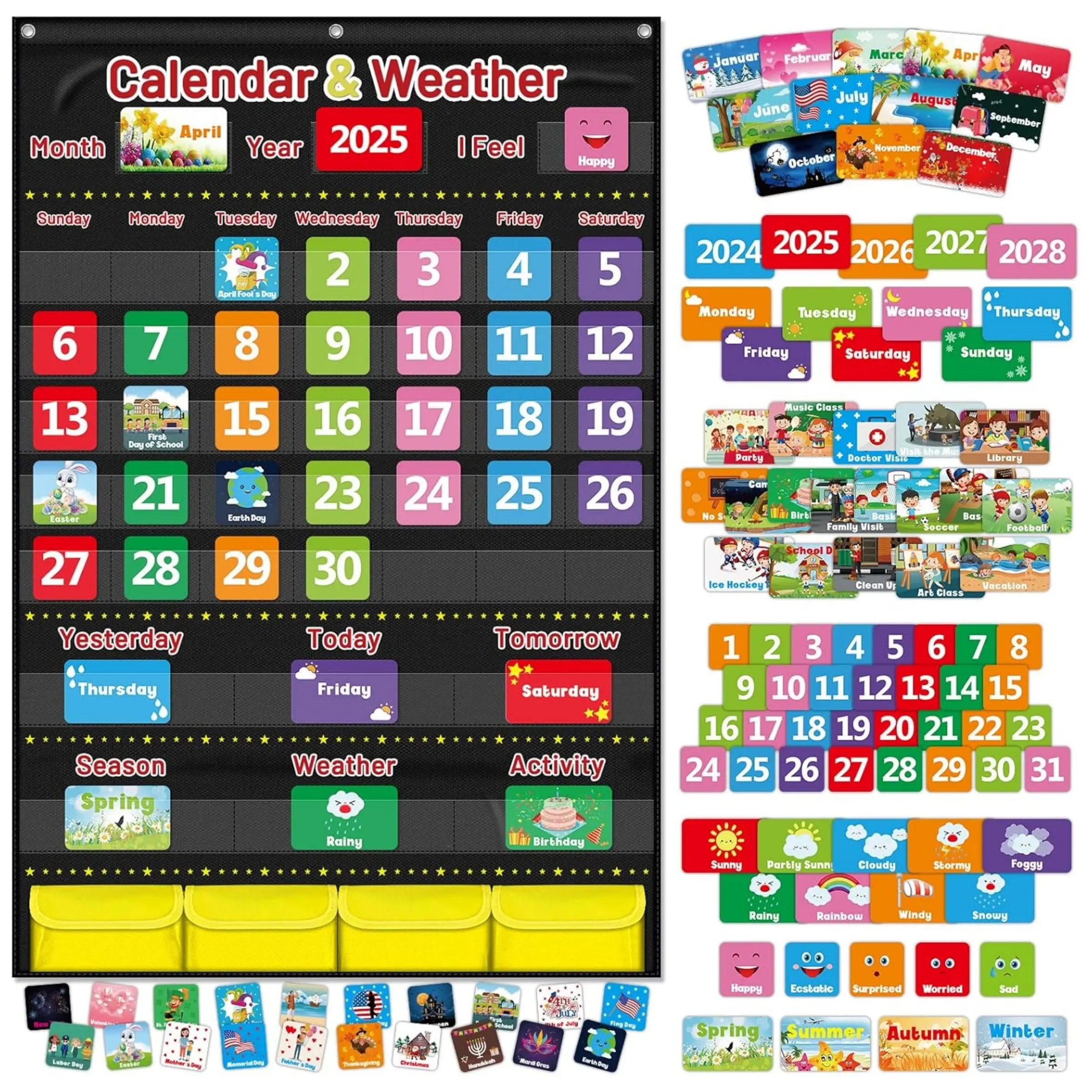 Learning Calendar & Weather Pocket Chart, Classroom Calendar, Calendar Design, Large Size 44.5 X 28 Inches, Home Education Wall Planner, Includes 113 Cards, Homeschool Planner, Weekly Planner, Calendars Planners