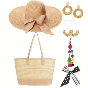 6 Pcs/set Women Straw Beach Bag Wide Brim Floppy Sun Hats for Women Foldable Floppy Beach Hat with Rattan Earrings Headband Set Woven Tote Bag Vacation Handbags for Summer Vacation Travel