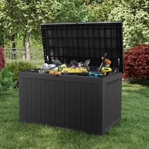 230 Gal Modern Plastic Outdoor Storage Box - Waterproof, All-Weather Protection, Pre-Locking Mechanism, Resin Construction, Metal Accents, Black Organizer Bin with Cover for Secure Organization & Outdoor Decor