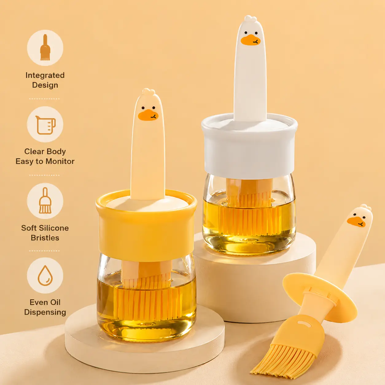 1-Piece Whimsical Duck-Shaped Silicone Grill Basting Brush & Transparent Glass Oil Storage Bottle Set, Playful Heat-Resistant Kitchen Utensil for Even Oil Dispensing, Small Accent Piece for Regular Pan Frying Cooking Supplies