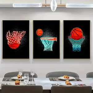 3 Pieces Basketball Neon Sports Art, HD Wall Mural, Modern Energetic Home Decor, Trendy Gallery Art, Rich Tone Poster, Wall Decor for Living Room and Gaming Room, Framed or Unframed.