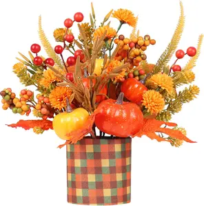 Fall Decor, 12" Artificial Orange Pumpkin Berry Maple Tree Halloween Thanksgiving Table Centerpieces Decorations, for Home Farmhouse Autumn Harvest Holiday Party Decor.