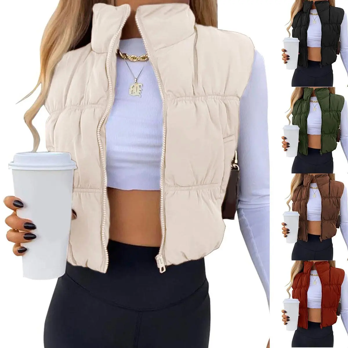 JovenPara Women's Casual Collared Short Cropped Puffer Vest - Zip-Up, Lightweight, Sleeveless, Padded Gilet with Pockets, Fitted, Nylon