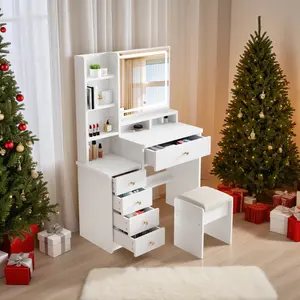 Vanity table set with LED illuminated mirror, 3 lighting colors, 5 drawers, 3 shelves, white table, and padded stool, suitable for bedrooms and bathrooms (modern white).