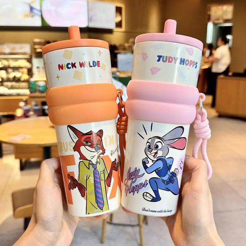 Disney Judy Nick Stitch Straw Insulated Tumbler,24OZ Cute Character Stainless Steel Vacuum Cup,Hot & Cold Drink Bottle with Straw,Leak-Proof Design,Reusable Magic Gift,Holiday Gift,Birthday Gift,Valentine's Day Gift(1pc)