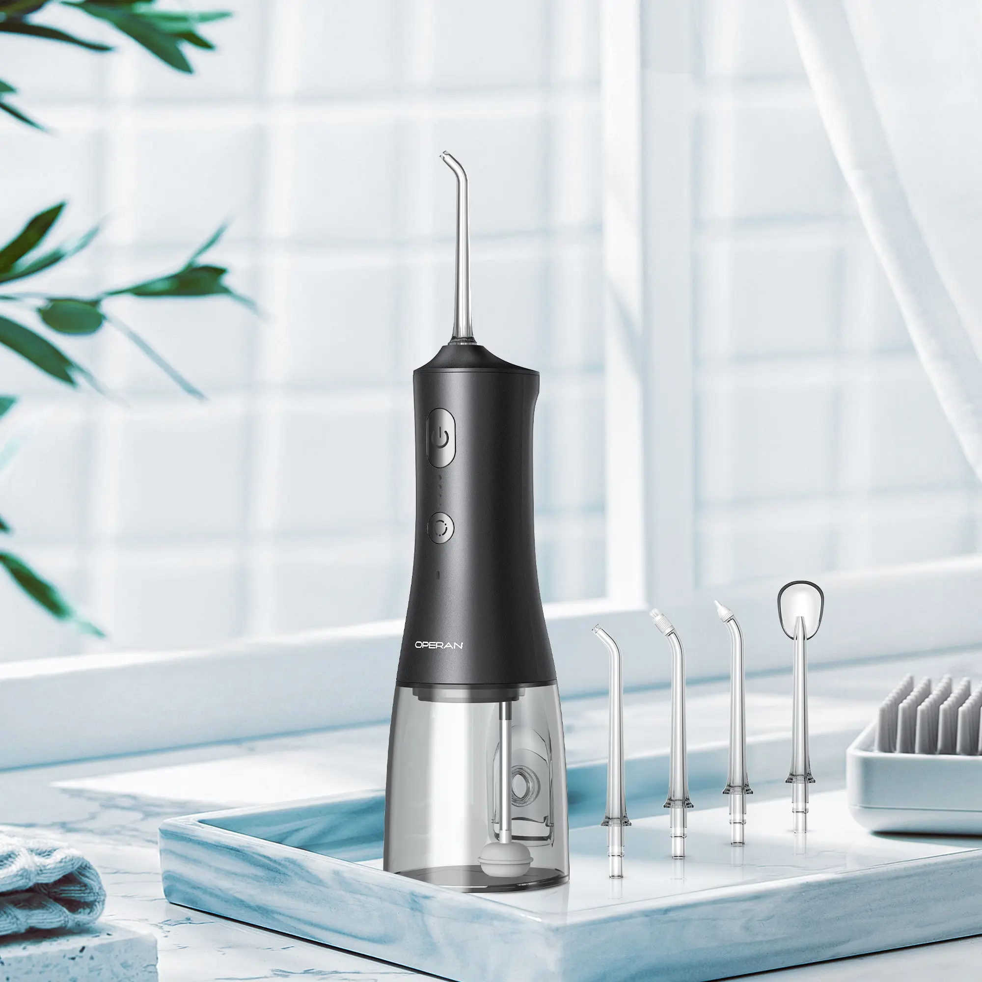 Operan Cordless Oral Flosser - Waterproof, Portable Rechargeable Oral Irrigator with 4 Cleansing Modes, 300ML Upgraded Removable Nozzle Deep Clean Water Tank (Black), Water Proof, Portable Water Flosser