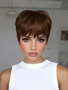brown color  Pixie Cut Glueless Human Hair Wig, Short Straight, Machine Made, Daily Party Use, Stylish Gift Wig for Women pixie wig