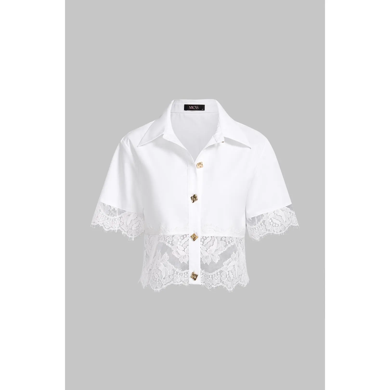 Women's Fitted Viscose Cloth Short-Sleeve Blouse, Lace Trim, Patchwork Design, Metallic Buttons, Shortsleeve, Fabric