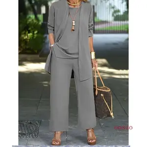 Chic Solid Three-Piece Outfit Set - Comfy Long Sleeve Cardigan, Versatile Top & Sleek Pants - Everyday Casual Wear for Women Suits Womenswear  JQ Minimalist Fitted matching sets women Women's Blazer Lapel Front Open Round Neck Clothes