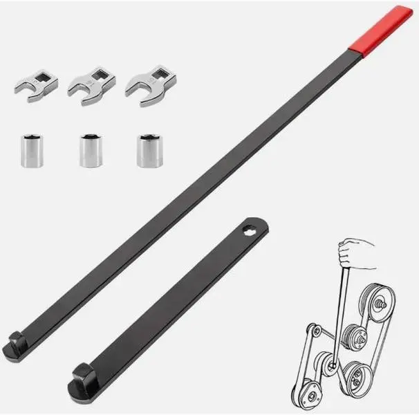 8-Piece Alloy Steel Long Handle Serpentine Belt Tool Kit for Spring-Loaded Idler Pulleys - Includes Crowfoot Wrenches, Sockets, Eight Pieces