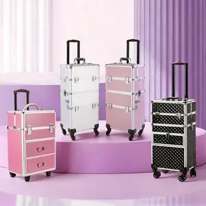 【Summervibes】Ubesgoo 4 in 1 Aluminum Cosmetic Makeup Case Professional Makeup Trolley Box with Handle & Casters, Portable Tattoo Organizer for Beauty Tools