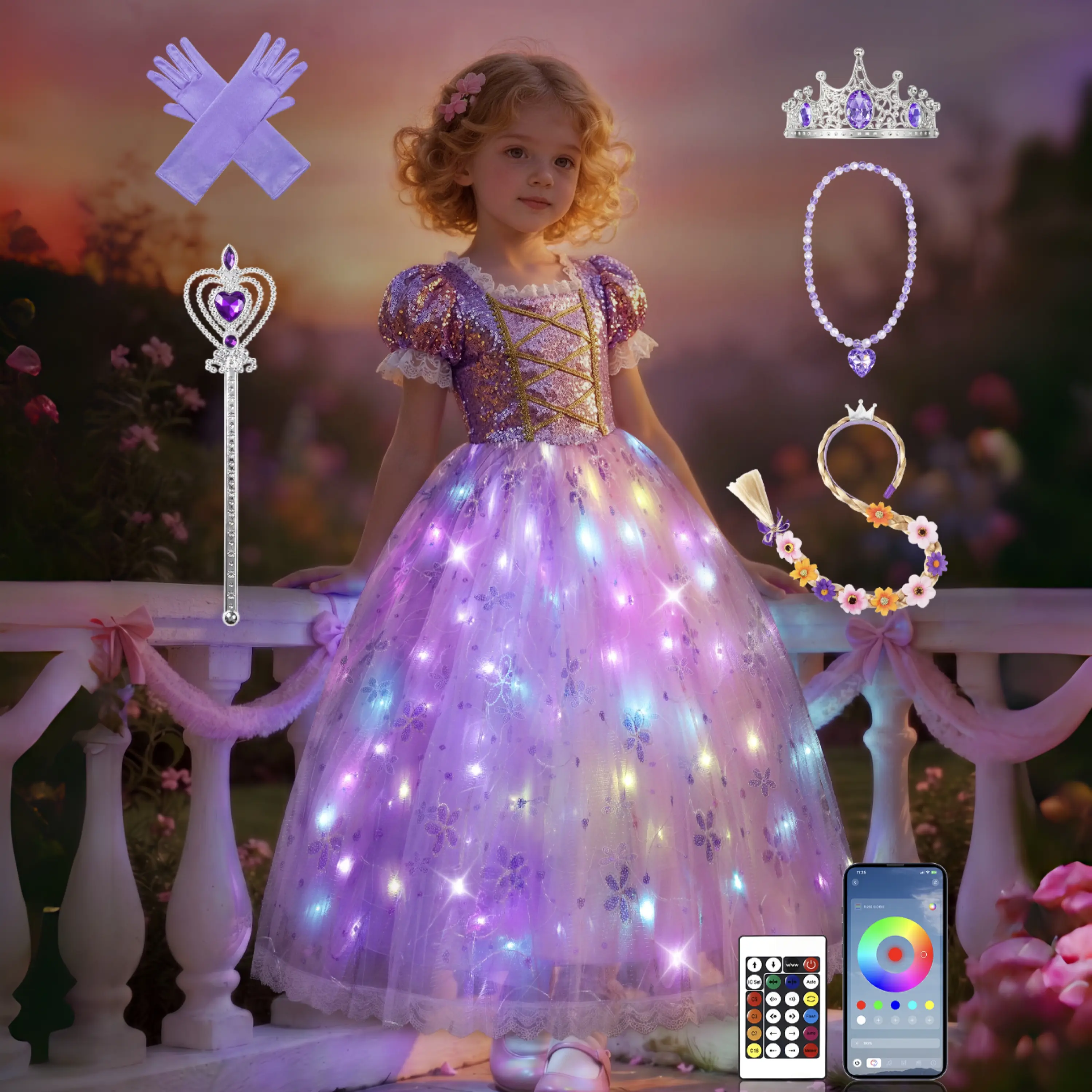 UPORPOR Girls' Light-Up Princess Dress - LED Fairy Tale Costume for Ages 3-9, 100+ Light Modes, Music Sync, Dress-Up Accessories Included, Halloween Christmas Birthday Gift
