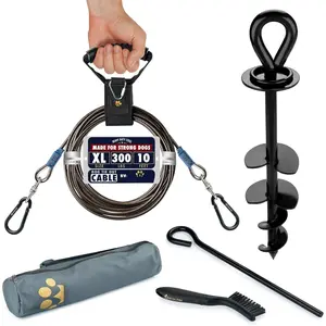 Tie Out  and Stake 10ft - for Large Dogs up to 300 lbs - Heavy Duty Tether and  Stake for Yard, Beach & Camping Outside (Black, L/XL - 10ft)