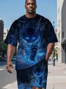 Men's Large Size Cool Cat Print Shirt Pants Set, Outdoor Casual Athletic Sports Wear Workout, Loose Fit Round Neck Short Sleeve T-Shirt Shorts Outfit Clothes