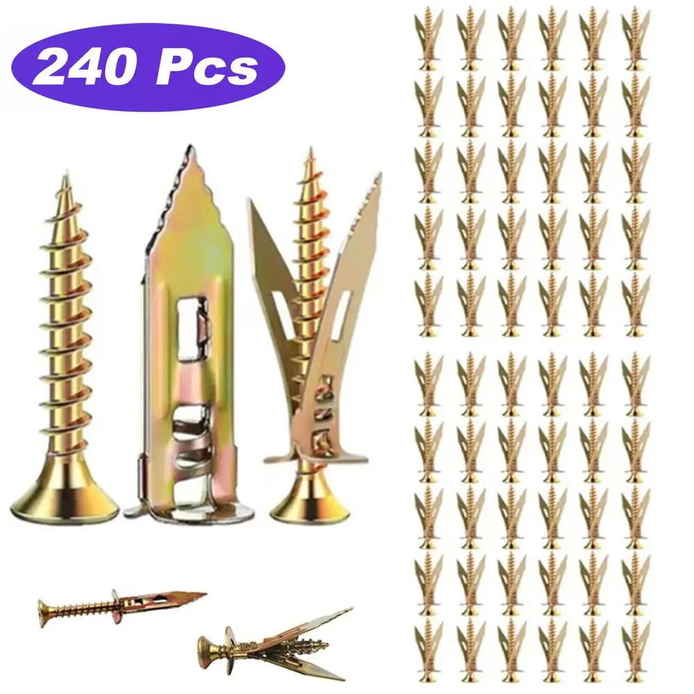 Self-Drilling Drywall Anchors Screws Kit No Drill Required Hold 66LB for Rental House Wall Hanging Wearproof Zinc Plated Durable Expansion Wall Fastening Hardware Kit 240 Pcs