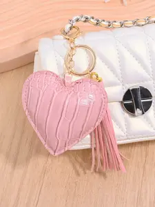 Fashion Simple PU Leather Heart Tassel Keychain, Bag Car Hanging Decoration, Best Friend Couple Gift, Birthday Festival Party Present