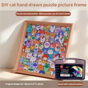 Wooden DIY Creative Cat Hand-Drawn Puzzle Frame Set, Includes Markers, Stress Relief Holiday Gift, 30cm*30cm/11.8*11.8inches Craft Kit