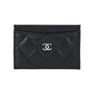 Chanel Quilted Silver-Tone Snap Cardholder for Women in Black Grained Calfskin