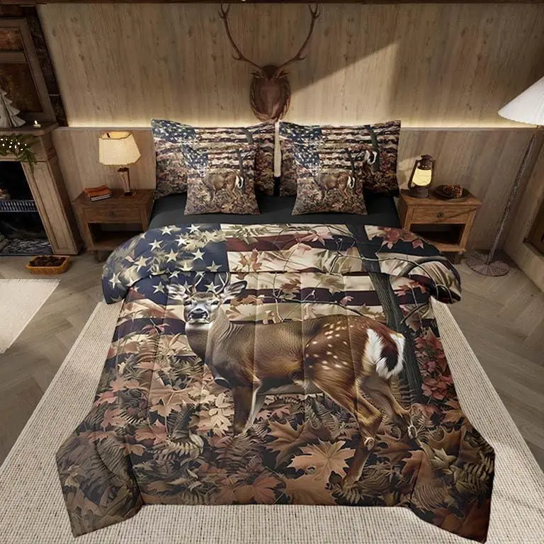 7 Piece Cute Deer Bed in a Bag for Boys Kids Deer Hunting Sheet Set,American Flag Camo Bed Set for Girls Women Cabin Deer Bedding Set with Comforter Wildlife Cushion Covers