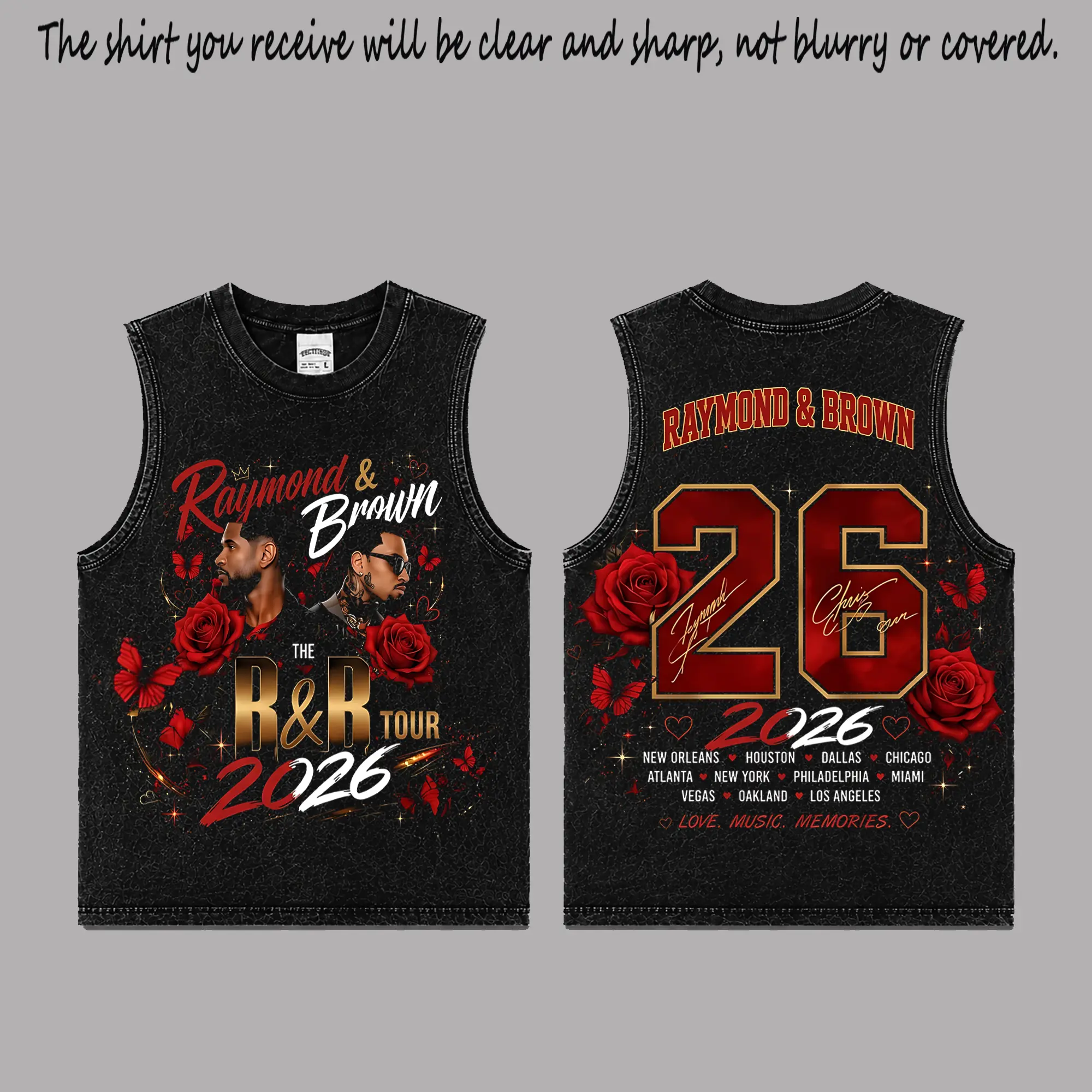 Raymond & Brown R&B Tour 2026 Black Washed Tank Top, Vintage R&B Music Graphic Sleeveless Shirt, Premium Cotton Front and Back Print Streetwear, Red Rose Butterfly Design, Retro Summer Concert Outfit, Unisex Music Fan Gift Top