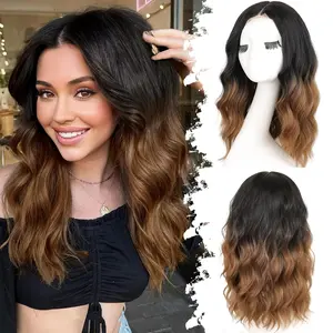 18 Inch Ombre Brown Middle Length Wavy Wig for Women Lace Hairline Bob Style Synthetic Heat Resistant - Natural Appearance for Everyday Hairstyle
