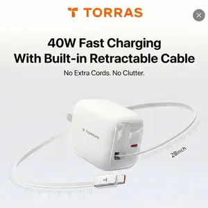 TORRAS FlexLine 40W Fast Charging USB-C Wall Charger, Retractable Built-In 28" Cable, Dual-Port, Compact 180° Foldable Plug, Advanced GaN Power Adapter, for iPhone 17/16/15 Series, MacBook, Airpods, and More, Perfect for Travel