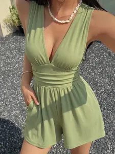 Women's Sexy Deep V Sleeveless High Waist Slimming Fitted Striped Jumpsuit, Skin-Friendly Elastic Fabric, Side Pockets, Casual Summer