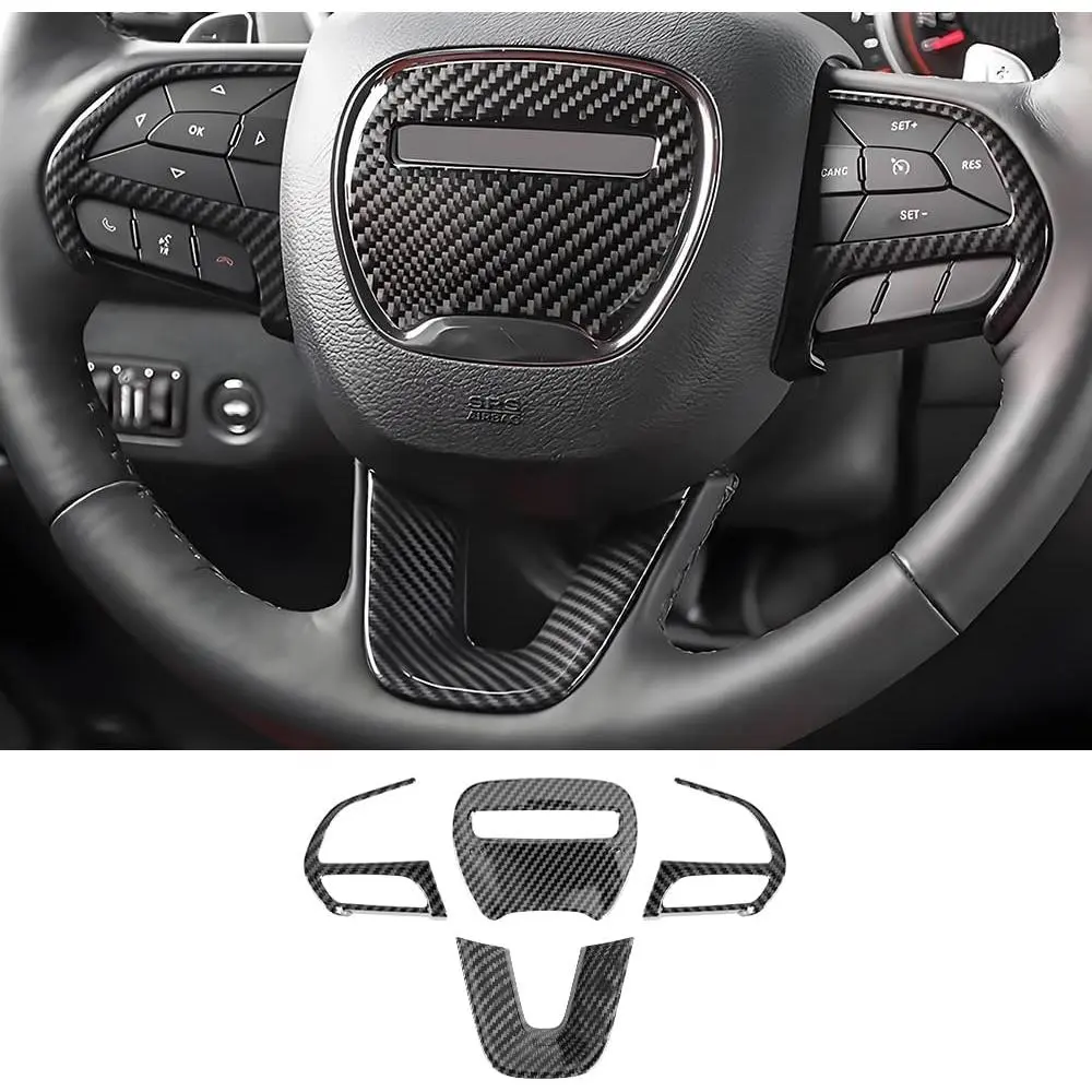 Carbon Fiber Style Car Steering Wheel Trim Cover Panel for Dodge Challenger Charger 2015-2023 and Dodge Durango 2014-2020 Auto Interior Decorations Accessories Center Console Protection Covers