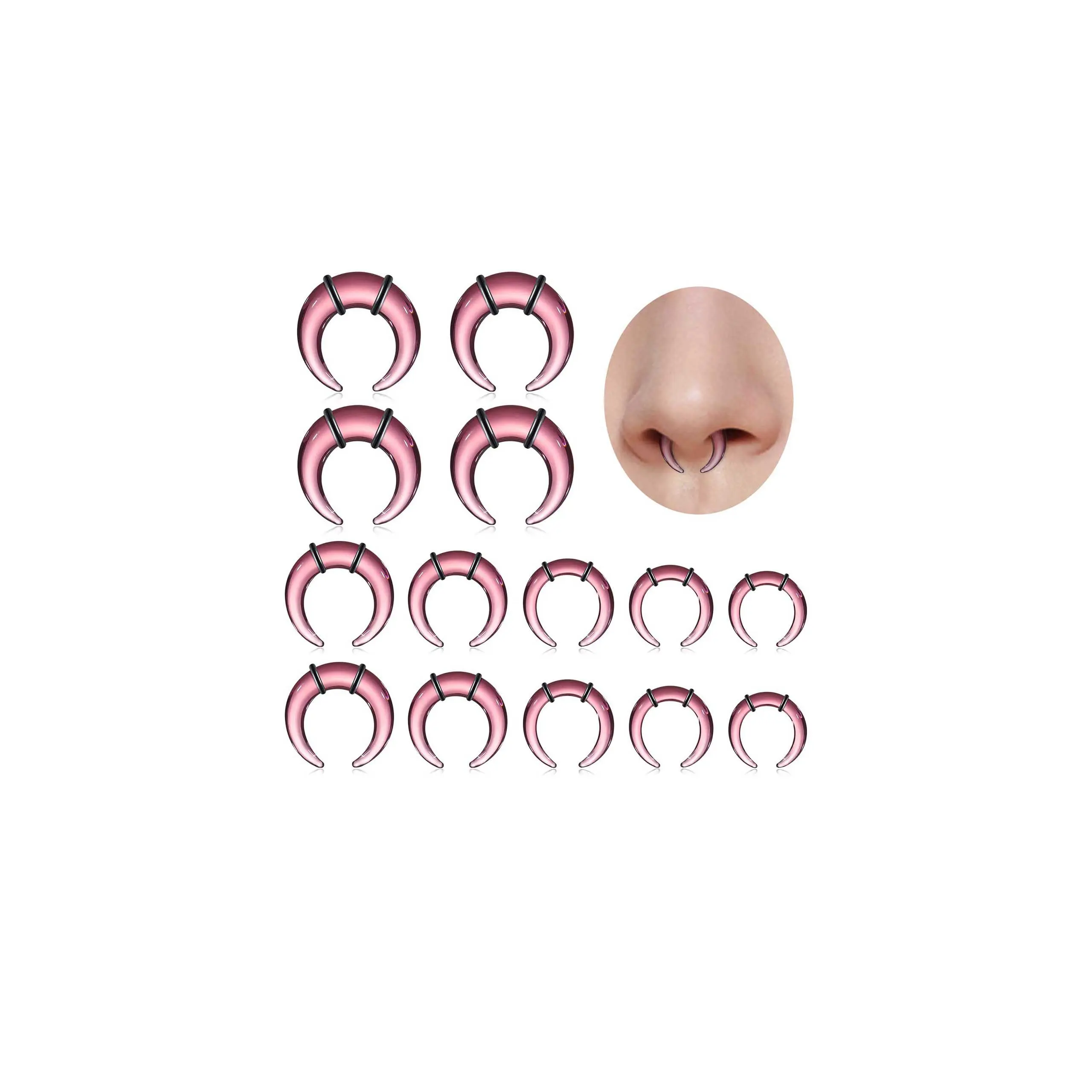 14 Glass Septum Stretching Kit 14g-2g Ear Gauges Expander Set C Shape Tapers Horseshoes Body