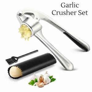 Garlic Press Set For Kitchen, Heavy Duty Garlic Mincer & Crusher, Matte Finish , Dishwasher Safe Zinc Alloy Garlic Squeezer with Peeler and Cleaning Brush