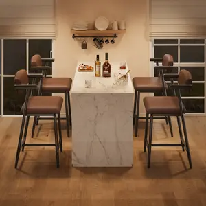 Counter Height Bar Stools Set of 4 with Armrests, Upholstered Barstools with Back, Wide Soft Seat and Metal Footrest, Modern Stools for Kitchen Island, Counter, Home Bar, Brown