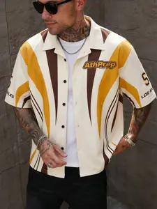 Men's Retro AthPrep Los Angeles Button Down Bowling Shirt, 70s Color Block Striped Camp Collar Short Sleeve, Vintage Streetwear Hip Hop Casual Top, Lightweight Breathable Summer Shirt for Daily & Party