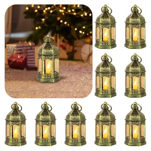 Set of 10 Mini Decorative Candle Lantern - Indoor Portable Bulk Lantern Centerpieces with Flickering LED Candle for Wedding Halloween Christmas, Flameless Candle, Hanging Vintage Decor, Batteries Included, Outdoor decoration