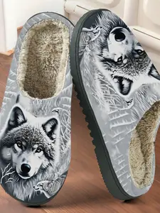 Realistic Wolf Pack Print Cotton Slippers, Casual Home Slippers, Wild Cool Style, Fuzzy Lined Anti-Slip Rubber Thick Sole, Home Warm Shoes for Men and Women
