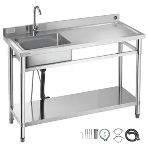 【DealsForYouDays】VEVOR Stainless Steel Utility Sink, Free Standing Single Bowl Commercial Kitchen Sink with Faucet, Utility Right Basin Workbench with Hot & Cold Water Pipe for Garage Restaurant Laundry, 47x19.7x37 in