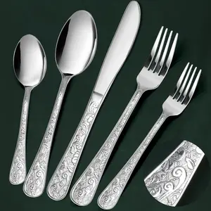 40-Piece Vintage Carved Silverware Set for 8, Cutlery Set for Home and Kitchen, Stainless Steel Flatware Set with Knife/Fork/Spoon, Utensil Set with Dishwasher Safe