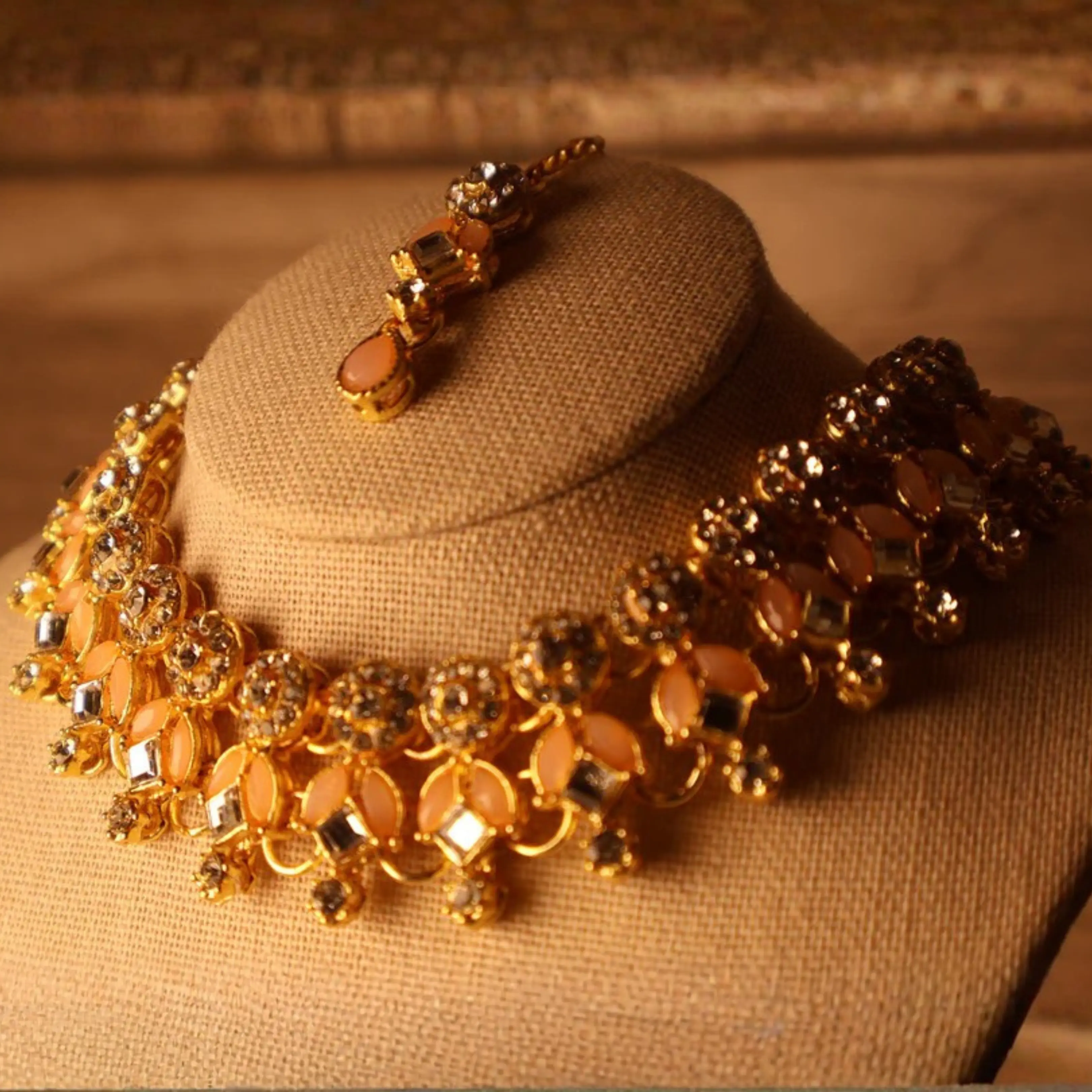SEHER Peach & Gold Kundan Necklace Set with Tikka & Earrings | South Asian Indian Pakistani Bridal & Festive Jewelry