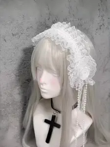 Women's Gothic Lolita Lace Rose Headband with Pearl Pendant, Vintage Lace Hair Band, Halloween Costume Accessory, Comfortable and Elastic, Elasticity