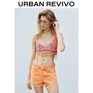 URBAN REVIVO Women's Sleeveless Crochet Knit Bohemian Bralette - Starfish Motif, Beaded Fringe, Shell Charm, Skinny Cut Crop Top for Boho Outfits UYL950066