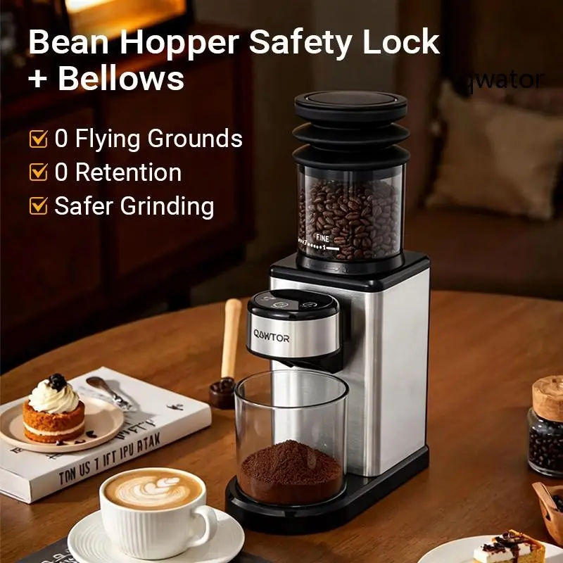 Qawtor Conical Burr Coffee Touch Edition Electric Coffee Bean Grinder – 25 Grind Settings, Precision Timing Control, Anti-Static Design, Compact Build with Air Blower, 200W Power Output