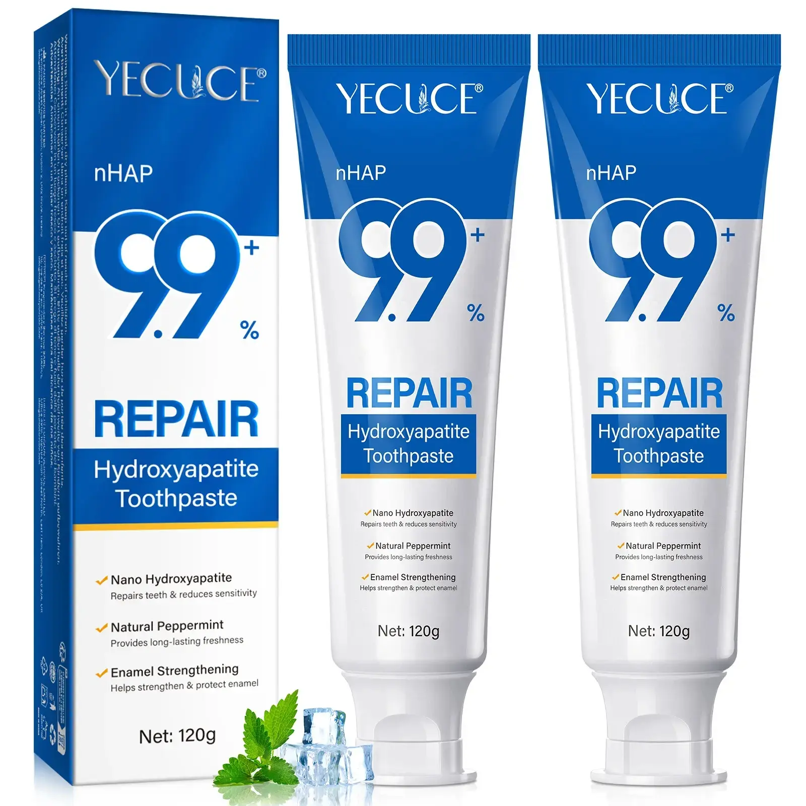 Two-Pack Yecuce Hydroxyapatite Toothpaste 120g, Remineralizing Toothpaste, Toothpaste Set, Gentle Effective Toothpaste, Repair Toothpaste, Cleans Plaque, Reduces Teeth Sensitivity, Strengthens Teeth, Fresh Breath, Daily Oral Care