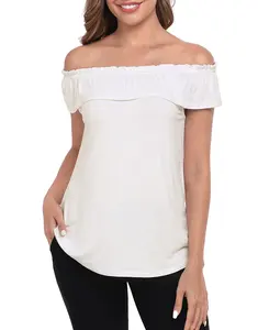 HDE Women's Off Shoulder Ruffle Tops Soft Rayon Blend Short Sleeve Casual Elegant Summer Blouse Flowy Fit Essential Style Womenswear