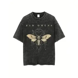 Bad Omens 2024 Tour Vintage Washed 90s Graphic T-Shirt for Men & Women Oversized Black Band Tee with Moth & Dripping Wax Design 100% Cotton Y2K Streetwear Menswear Top Round Neck Crewneck Casual Short Sleeve Fabric Unisex Aesthetic Classic Tshirt Tropical