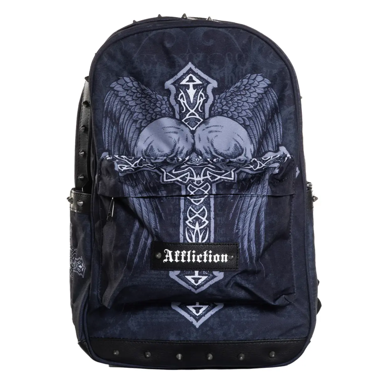 Affliction Seeker Unisex Black Metal Grunge Backpack - Casual Stylish Daypack for Back to School Hauls, Synthetic, Sublimated Graphic Art Print, Cone Studs, Adjustable Shoulder Strap, Zip Closure, One Size