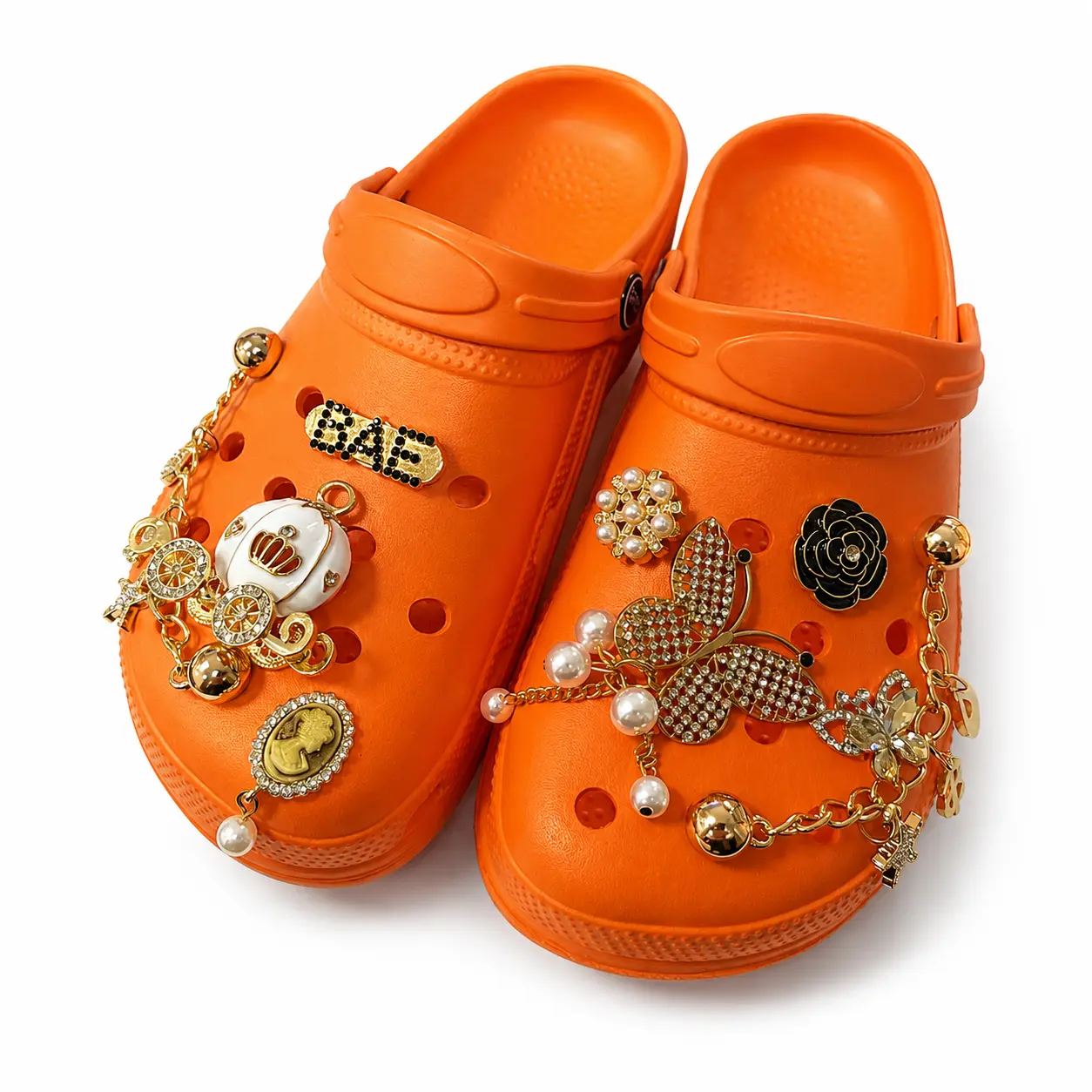 Orange Clog Shoes with 9PCS Gold Bling Shoe Charms, Women’s Lightweight Slip-On Garden Sandals with Rhinestone Butterfly Pearl Chain Decorations, Casual Indoor Outdoor Shoes