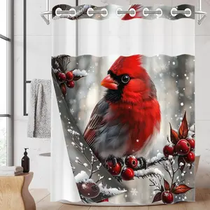 1PC/4PCS 2D Flat Printing Winter Joy: Red Cardinal with Berries in Snow Scene Patterned shower curtain, home bathroom decor, shower curtain set with 12 hooks, non-slip bathroom rug, U-shaped toilet seat cover, toilet seat mat.